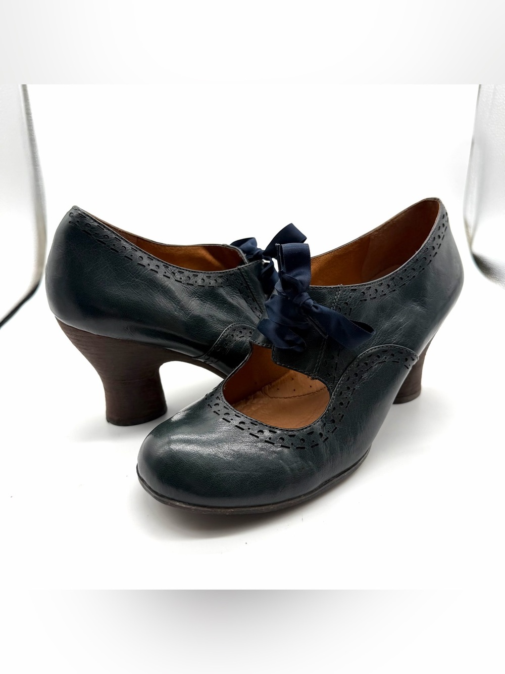 Naya Jada Oxford Heels Womens 12M Blue Leather Ribbon Lace Brogue Steampunk Fall